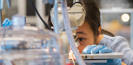 Close up of chemical engineering looking through a microscope
