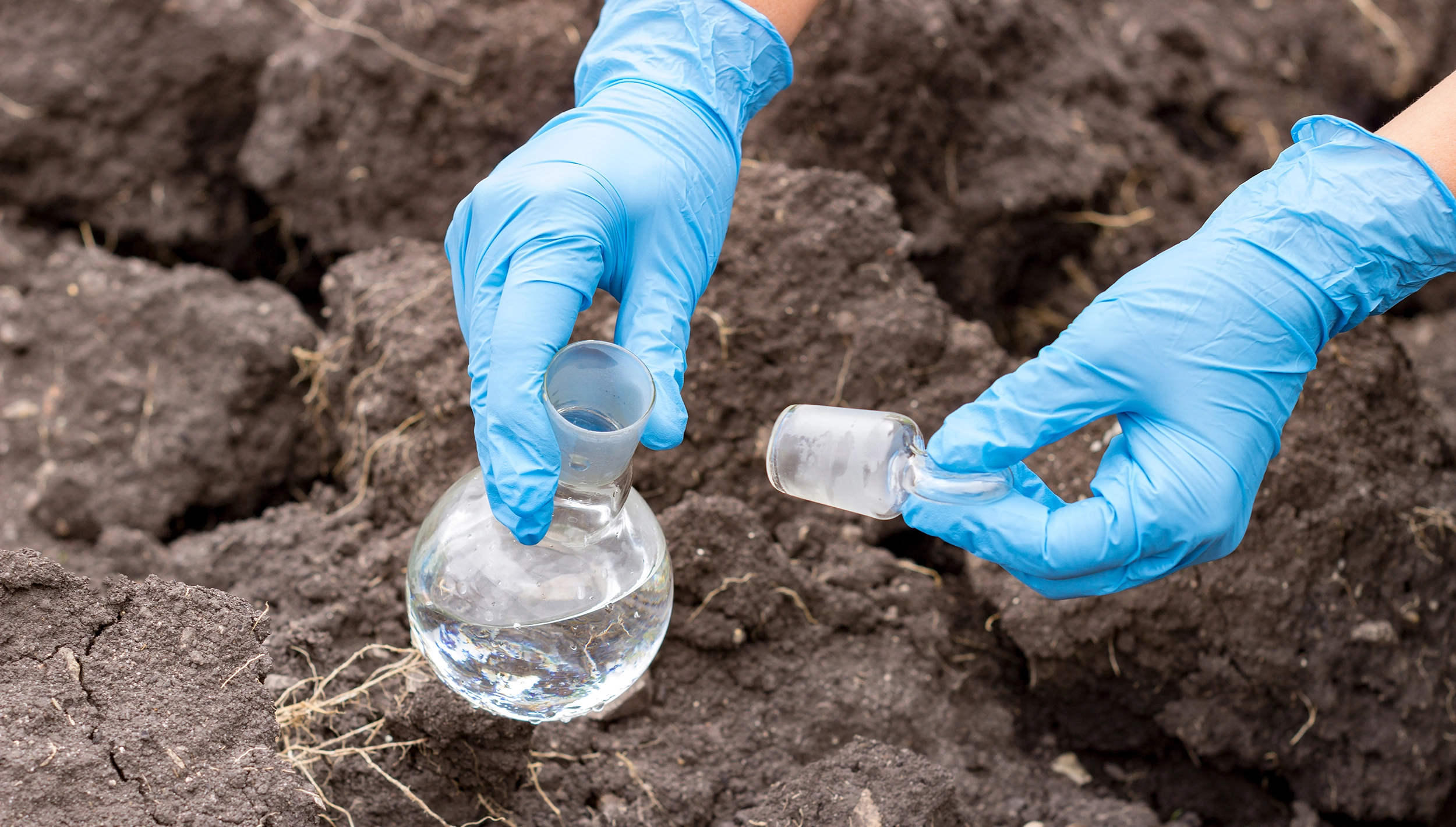 Close up hands with blue protective gloves holding test and beaker working in soil.